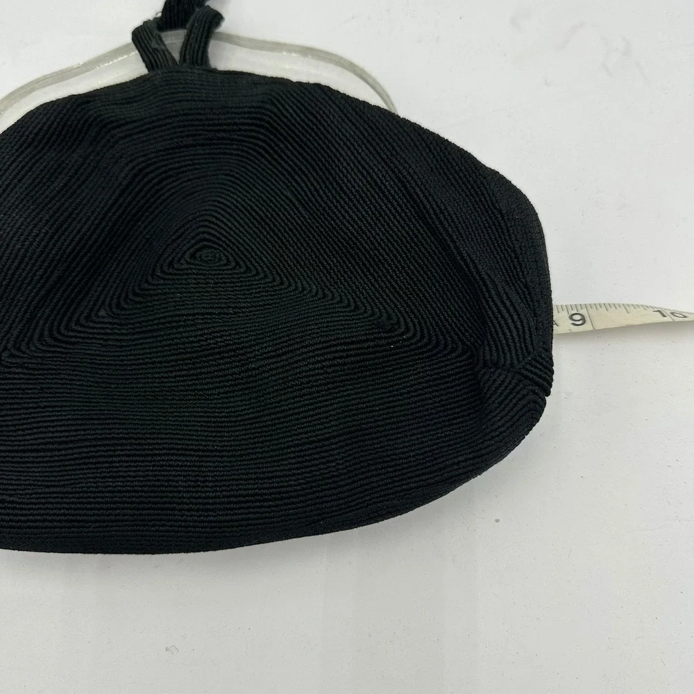 Vintage Black Corde Wristlet Handbag Clear Lucite Frame Triangle Stitch 50s MCM